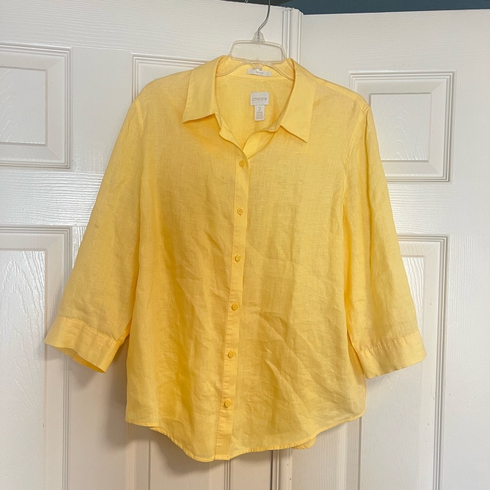 Chicos linen no iron yellow crop sleeve button down casual shirt minimalist sz L